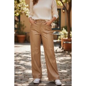 Blank NYC the‎ Baxter Ribcage Faux Leather Wide Leg Pants Trousers Neutral Tan